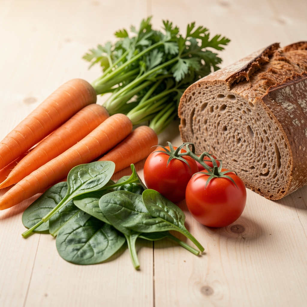 Detailaufnahme frischer saisonaler Zutaten — Karotten, Spinat, Tomaten und Vollkornbrot auf einem hellen Holztisch in einem Zürcher Studio