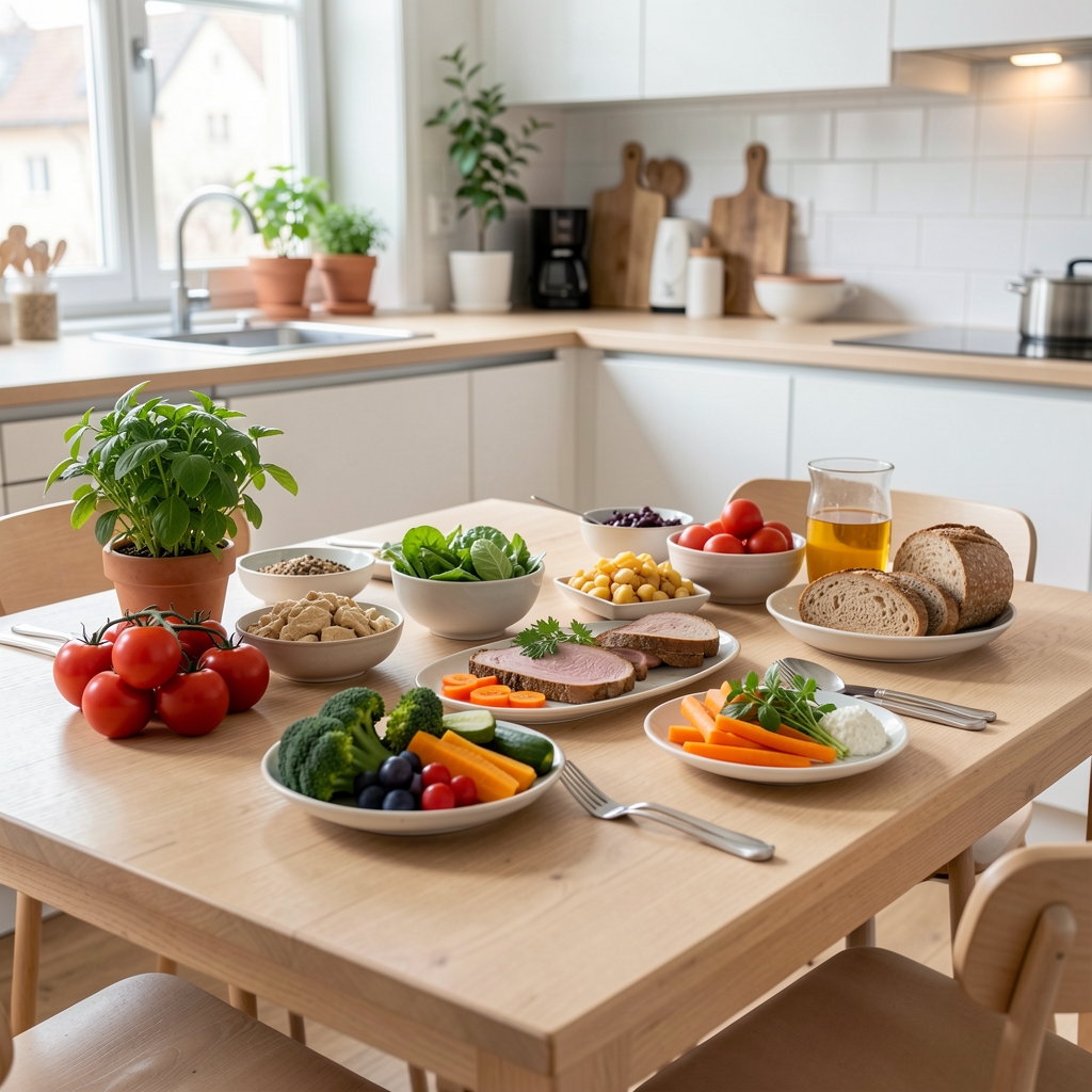 Frisch zubereitete ausgewogene Mahlzeit auf einem hellen Holztisch mit saisonalem Gemüse, Vollkornprodukten und frischen Kräutern in einer modernen Zürcher Küche