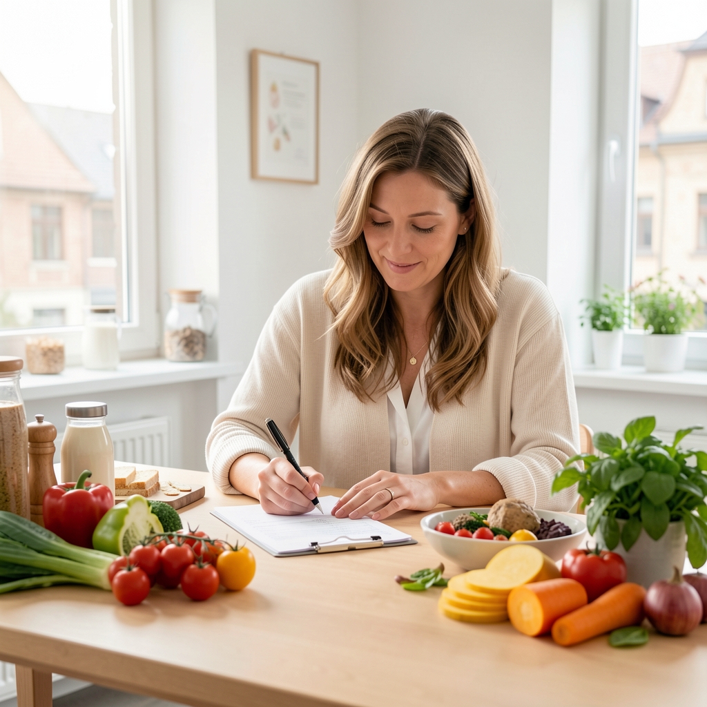 Ernährungsberaterin notiert Wochenmenü in einem hellen Studio mit frischen Zutaten auf dem Tisch, Zürich
