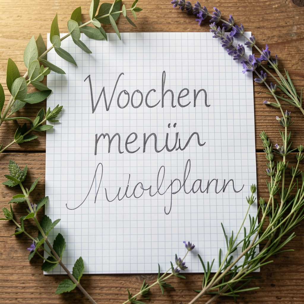 Handgeschriebener Wochenmenüplan auf kariertem Papier mit Bleistift und frischen Kräutern als Dekoration