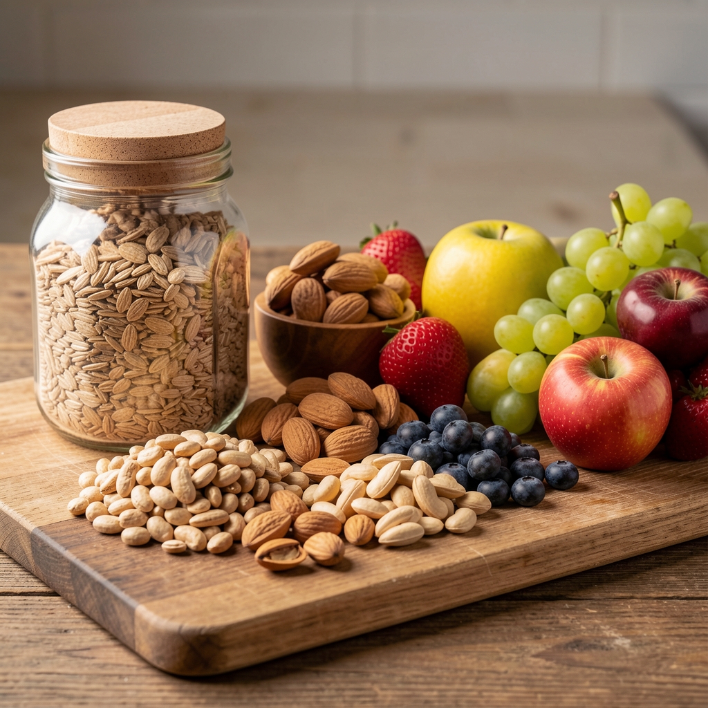Auswahl natürlicher Lebensmittel — Vollkornprodukte, Hülsenfrüchte, Nüsse und frisches Obst auf einem Holzbrett