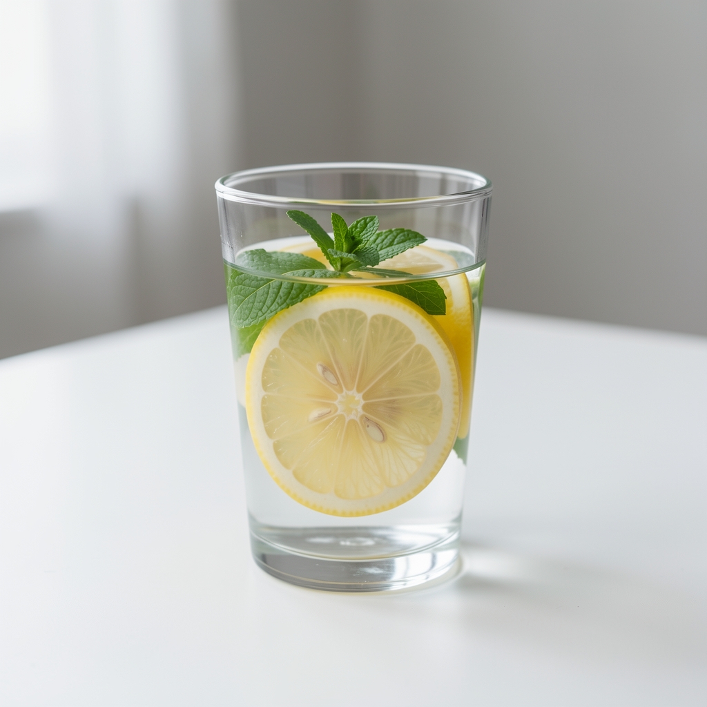 Glas frisches Wasser mit Zitronenscheibe und Minze auf einem weissen Tisch als Symbol für ausreichende Flüssigkeitszufuhr im Alltag